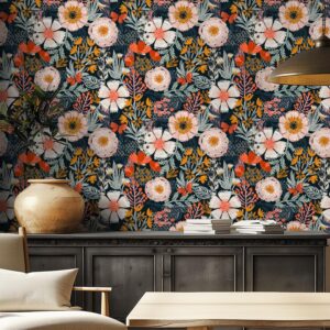 HAOKHOME Boho Peel and Stick Wallpaper Floral Wall Paper Removable for Bedroom Navy/Pink/Orange Contact Paper 17.7in x 9.8ft