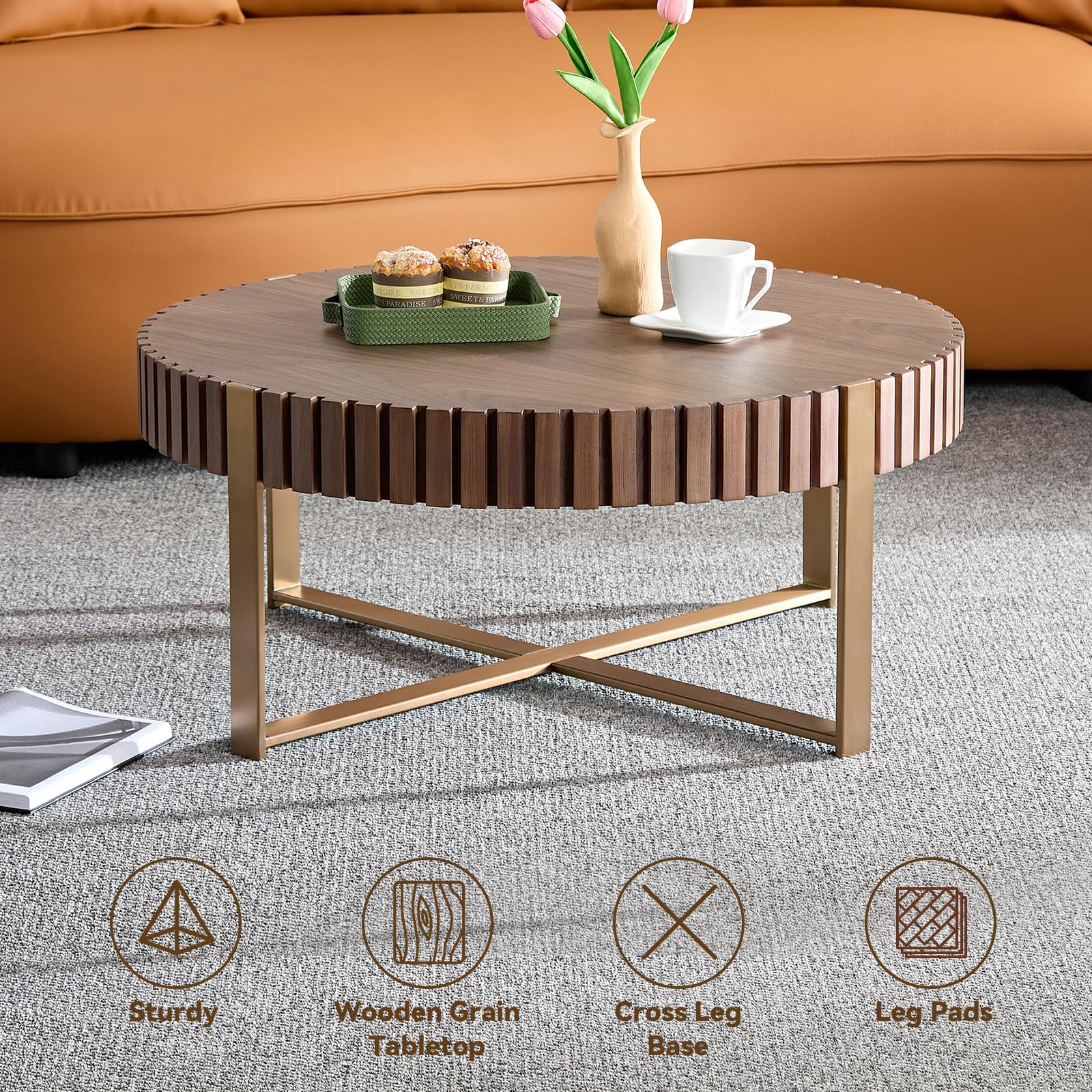 LKTART 31.5'' Round Coffee Table for Living Room, Solid Wood Handcraft Drum Coffee Table, Wooden Felief Coffee Table, Stainless Steel Legs Sturdy Pedestal Tea Table, Apartment Small Space,Walnut