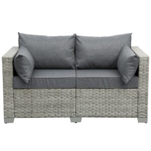 WAROOM Patio Loveseat Outdoor Wicker Small Couch PE Rattan 2-Seater Furniture Sofa, Deep Patio Seating with Grey Cushion