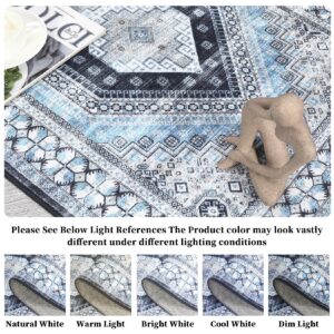 GarveeHome 8x10 Washable Area Rug Boho Living Room Rug Non-Slip Nursery Rug Low-Pile Retro Carpet Print Distressed Rug for for Laundry Dining Room Office, Blue/Grey