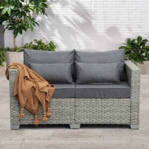 waroom patio loveseat outdoor wicker small couch pe rattan 2-seater furniture sofa, deep patio seating with grey cushion