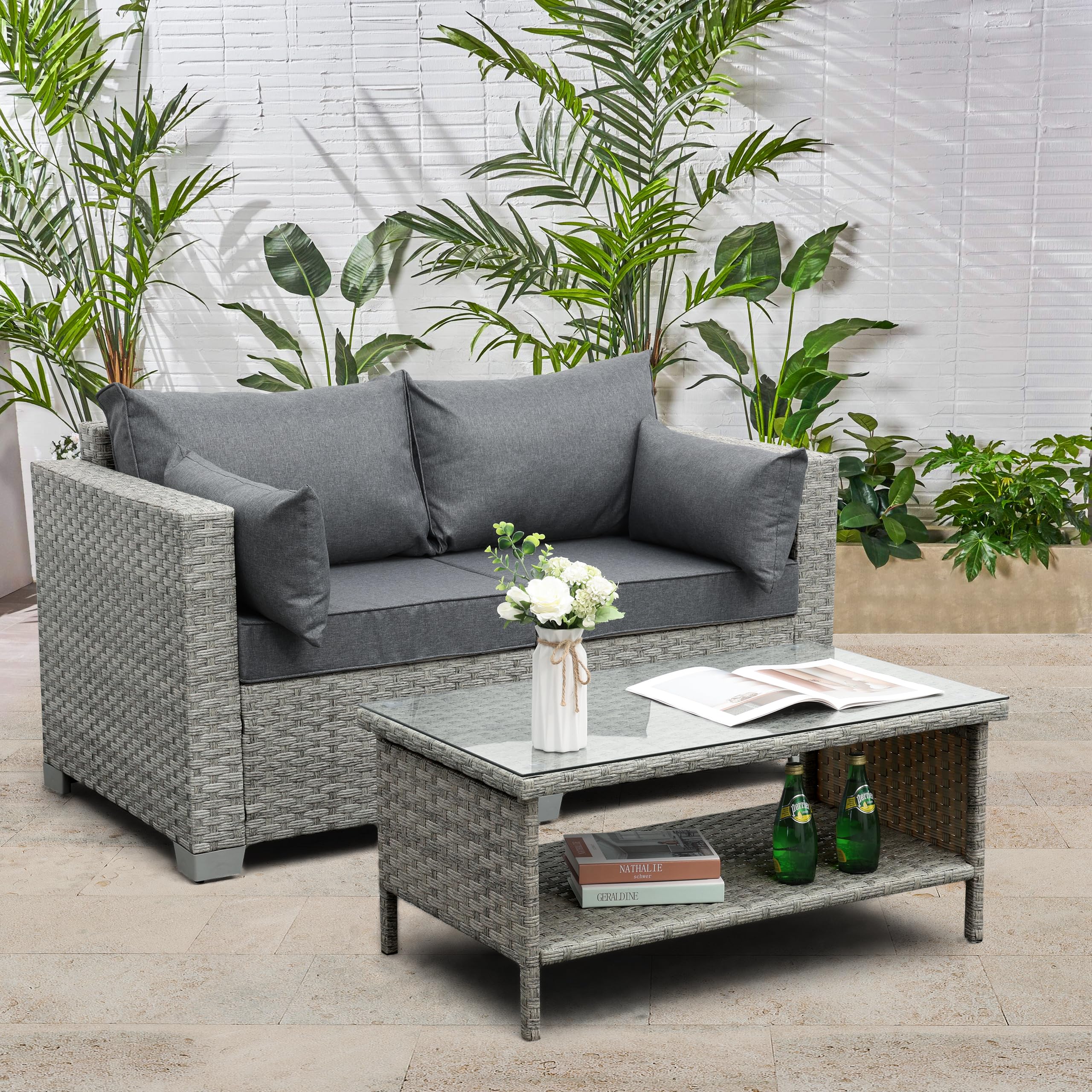 WAROOM Patio Loveseat Outdoor Wicker Small Couch PE Rattan 2-Seater Furniture Sofa, Deep Patio Seating with Grey Cushion