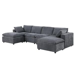 U-Shaped Chenille Upholstered Modular Sectional Sofa Oversized Deep Seat Reversible Chaises Cloud Couch Convertible Living Room Sleeper Sofabed with Movable Ottomans for Home, Apartment