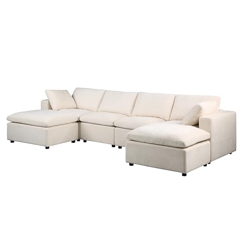 U-Shaped Oversized Chenille Upholstered Modular Sectional Sofa Modern Reversible Chaises Cloud Couch Convertible Living Room Sleeper Sofabed with Movable Ottomans for Home, Apartment