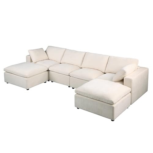 U-Shaped Oversized Chenille Upholstered Modular Sectional Sofa Modern Reversible Chaises Cloud Couch Convertible Living Room Sleeper Sofabed with Movable Ottomans for Home, Apartment