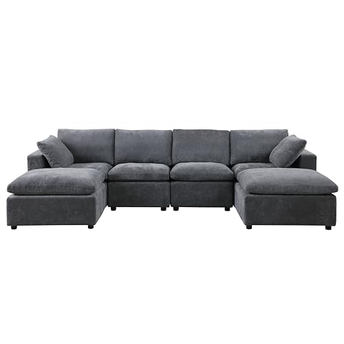 U-Shaped Chenille Upholstered Modular Sectional Sofa Oversized Deep Seat Reversible Chaises Cloud Couch Convertible Living Room Sleeper Sofabed with Movable Ottomans for Home, Apartment