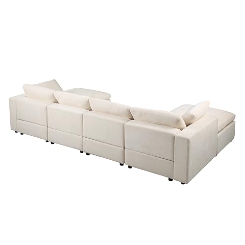 U-Shaped Oversized Chenille Upholstered Modular Sectional Sofa Modern Reversible Chaises Cloud Couch Convertible Living Room Sleeper Sofabed with Movable Ottomans for Home, Apartment