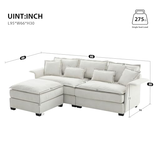 Acosure 95" L Oversized Luxury Sectional Sofa with Bentwood Armrests & Ottoman,4 seat Upholstered L-Shape Couch W/Double Cushions & 4 Waist Pillows,Indoor Furniture for Living Room Apartment,Beige