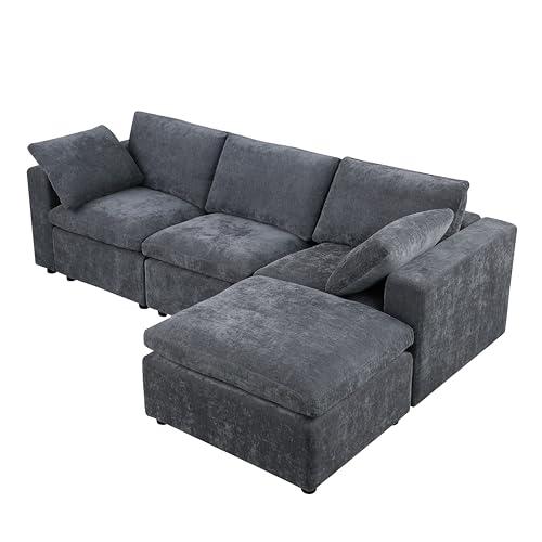 L-Shaped Convertible Modular Sectional Sofa, Modern Reversible Chaises Chenille Upholstered Cloud Couch Sleeper Foam Sofá with Movable Ottoman for Home, Apartment Living Room