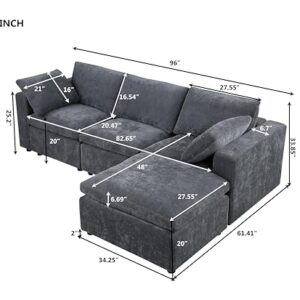 L-Shaped Convertible Modular Sectional Sofa, Modern Reversible Chaises Chenille Upholstered Cloud Couch Sleeper Foam Sofá with Movable Ottoman for Home, Apartment Living Room