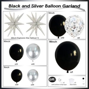 Black and Silver Balloon Garland Arch Kit with 3pcs Star Balloons, Silver and Black Balloon Confetti Latex Balloons for Birthday Wedding Graduation Baby Shower Disco Anniversary Party Decorations