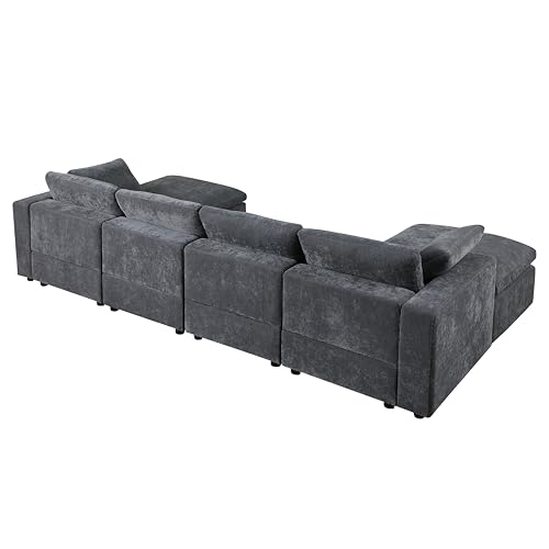 U-Shaped Chenille Upholstered Modular Sectional Sofa Oversized Deep Seat Reversible Chaises Cloud Couch Convertible Living Room Sleeper Sofabed with Movable Ottomans for Home, Apartment