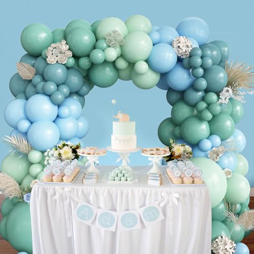 Dusty Green and Blue Balloon Arch Kit, 116pcs Slate Light Blue Sage Green Balloons Garland, Pastel Olive Blue Baby Green Balloon for Boys Girls Birthday Wedding Baby Bridal Shower Party Decorations