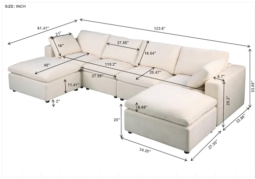 U-Shaped Oversized Chenille Upholstered Modular Sectional Sofa Modern Reversible Chaises Cloud Couch Convertible Living Room Sleeper Sofabed with Movable Ottomans for Home, Apartment