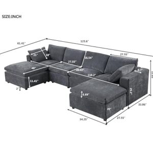 U-Shaped Chenille Upholstered Modular Sectional Sofa Oversized Deep Seat Reversible Chaises Cloud Couch Convertible Living Room Sleeper Sofabed with Movable Ottomans for Home, Apartment