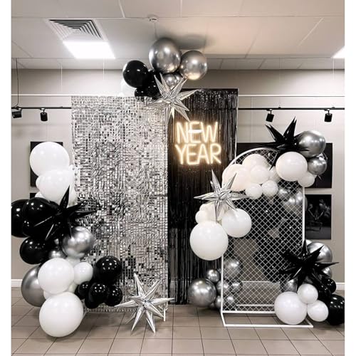 Black and Silver Balloon Garland Arch Kit with 3pcs Star Balloons, Silver and Black Balloon Confetti Latex Balloons for Birthday Wedding Graduation Baby Shower Disco Anniversary Party Decorations