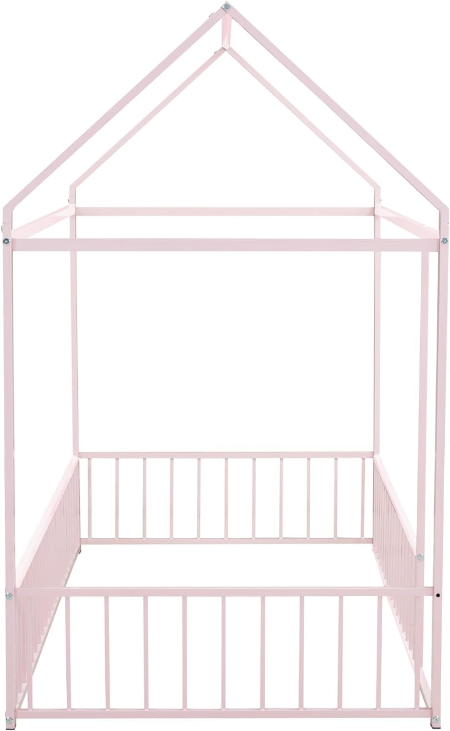 INDSUMOT Twin Size Montessori Floor Bed, Metal House Bed Frame with Fence Rails, Kids Playhouse Beds for Girls Boys Teens, Pink