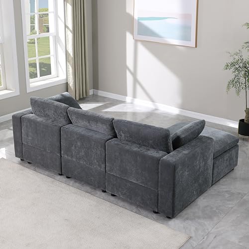 L-Shaped Convertible Modular Sectional Sofa, Modern Reversible Chaises Chenille Upholstered Cloud Couch Sleeper Foam Sofá with Movable Ottoman for Home, Apartment Living Room