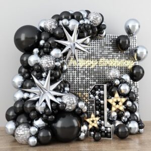 black and silver balloon garland arch kit with 3pcs star balloons, silver and black balloon confetti latex balloons for birthday wedding graduation baby shower disco anniversary party decorations