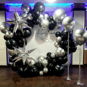 Black and Silver Balloon Garland Arch Kit with 3pcs Star Balloons, Silver and Black Balloon Confetti Latex Balloons for Birthday Wedding Graduation Baby Shower Disco Anniversary Party Decorations