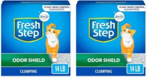 fresh step clumping cat litter, odor shield, long lasting odor control kitty litter with activated charcoal, low dust formula, 14 lb (pack of 2)