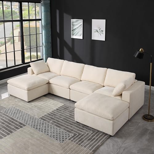 U-Shaped Oversized Chenille Upholstered Modular Sectional Sofa Modern Reversible Chaises Cloud Couch Convertible Living Room Sleeper Sofabed with Movable Ottomans for Home, Apartment