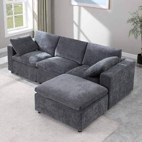 L-Shaped Convertible Modular Sectional Sofa, Modern Reversible Chaises Chenille Upholstered Cloud Couch Sleeper Foam Sofá with Movable Ottoman for Home, Apartment Living Room