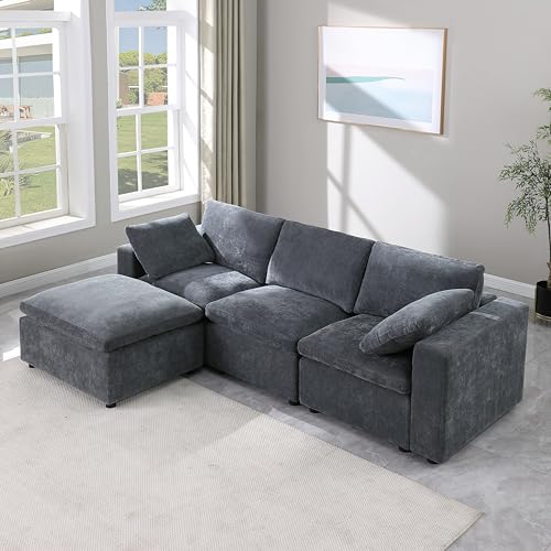 L-Shaped Convertible Modular Sectional Sofa, Modern Reversible Chaises Chenille Upholstered Cloud Couch Sleeper Foam Sofá with Movable Ottoman for Home, Apartment Living Room