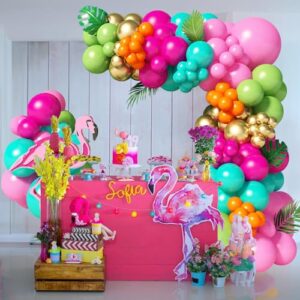 138pcs Flamingo Tropical Luau Balloons Arch Garland Kit, Olive Green and Hot Pink Orange Gold Hawaiian Balloons for Kids Summer Beach Aloha Pool Birthday Baby Shower Party Decorations Supplies