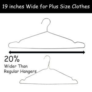 Extra Wide Wire Hangers for Plus Size Clothes, 19 Inch Stainless Steel Plus Size Hangers Ideal for XL, XXL Shirts, Coats, Dresses, Etc. Silver. 10pk.