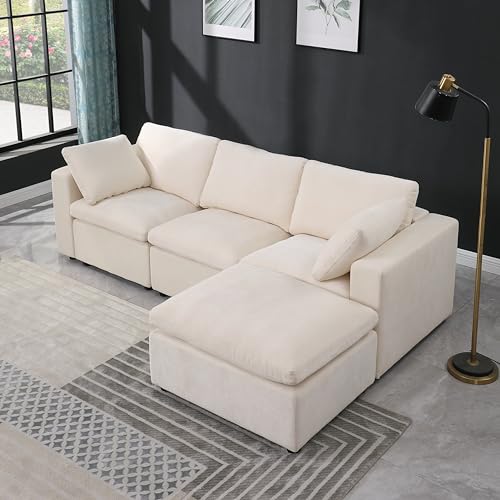 L-Shaped Modular Sectional Sofa Convertible Deep Seat Reversible Chaises Sofa&Couch, Chenille Upholstered Cloud Couch Full Foam Cushions Sofá with Movable Ottomans for Home, Apartment Living Room