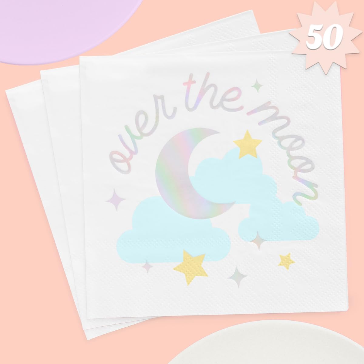 xo, Fetti Over the Moon Napkins - 3-ply, 50 pcs | Baby Shower Decoration, Kids Birthday Tablescape, Gender Reveal Party, Mom to Be Dinner Setting, Bday Decor