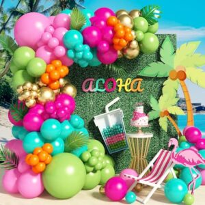 138pcs flamingo tropical luau balloons arch garland kit, olive green and hot pink orange gold hawaiian balloons for kids summer beach aloha pool birthday baby shower party decorations supplies