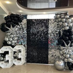 Black and Silver Balloon Garland Arch Kit with 3pcs Star Balloons, Silver and Black Balloon Confetti Latex Balloons for Birthday Wedding Graduation Baby Shower Disco Anniversary Party Decorations