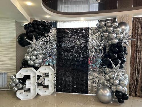 Black and Silver Balloon Garland Arch Kit with 3pcs Star Balloons, Silver and Black Balloon Confetti Latex Balloons for Birthday Wedding Graduation Baby Shower Disco Anniversary Party Decorations