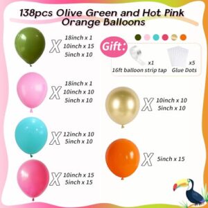 138pcs Flamingo Tropical Luau Balloons Arch Garland Kit, Olive Green and Hot Pink Orange Gold Hawaiian Balloons for Kids Summer Beach Aloha Pool Birthday Baby Shower Party Decorations Supplies