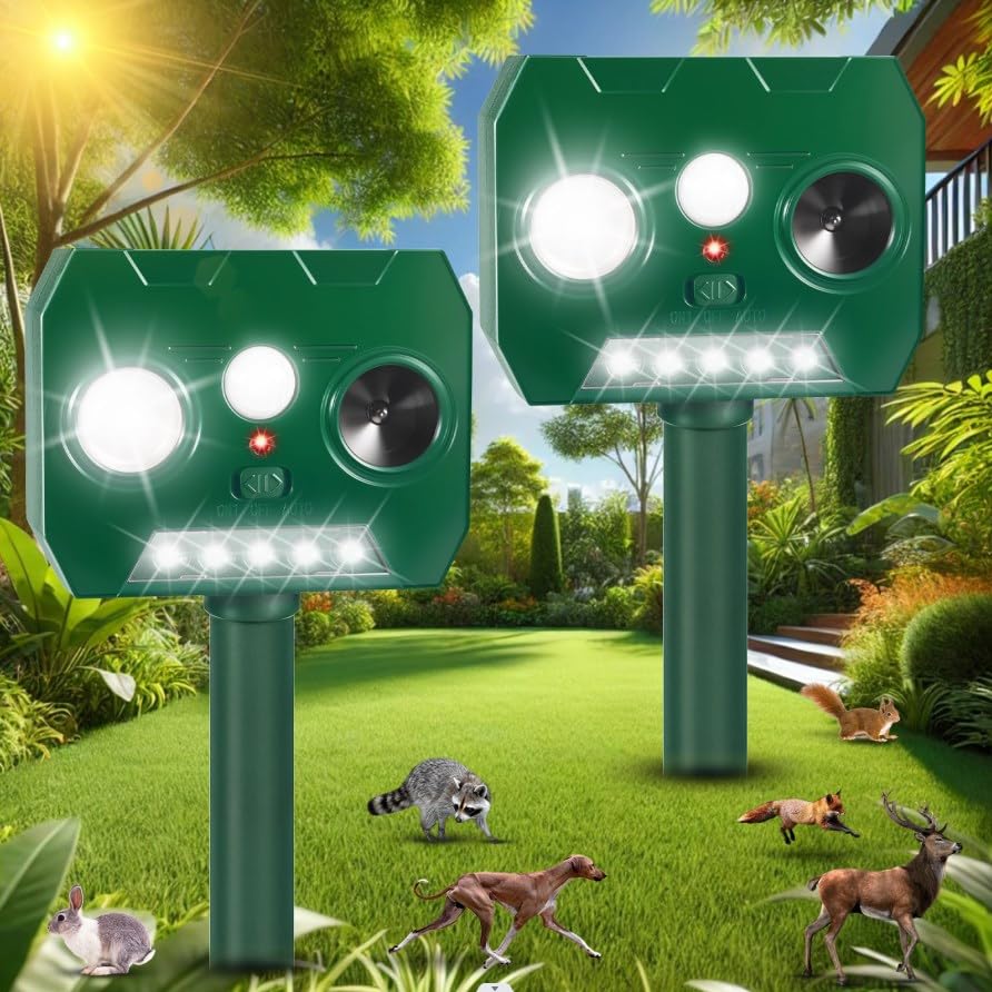 2 Pack Ultrasonic Motion Sensor Alarm for Yard Lawn with Motion Sensor and Flashing Lights, Ultrasonic Motion Sensor Alarm Outdoor for Yard Solar Powered Motion Sensor Alarm for Garden Yard Lawn