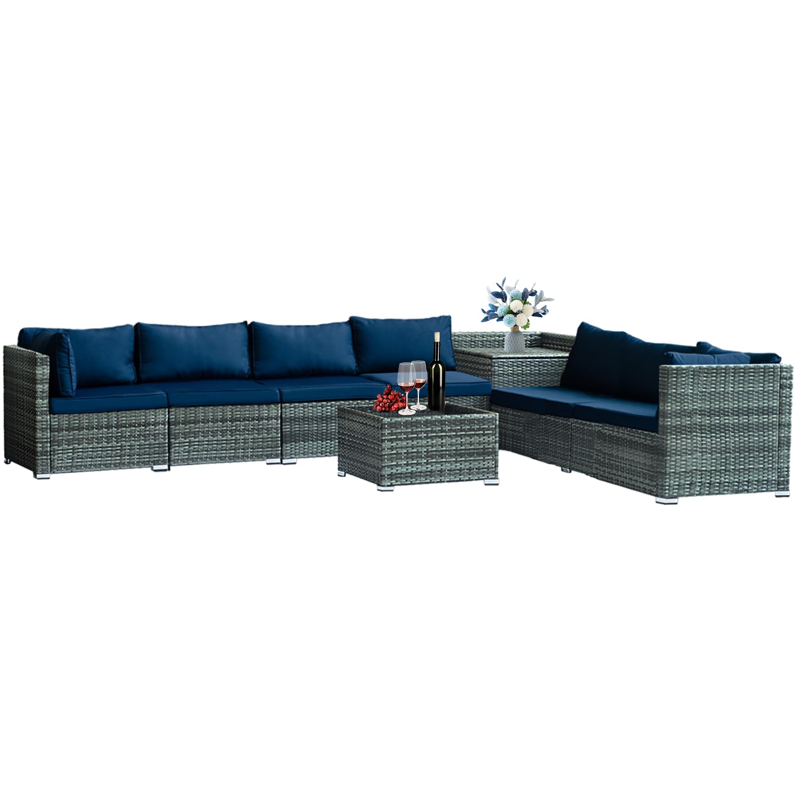 Pierybyt 8-Piece PE Rattan Wicker Outdoor Sectional Sofa Set, Modular Patio Furniture with Thickened Cushions, Hidden Storage & Conversation Patio Set with Glass Top Coffee Table (Gray-Blue)