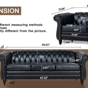 Chesterfield Sofa 2 Piece Set, Modern Black Faux Leather 3 Seater Couches and Sofa Chairs, Upholstered Tufted Button,Scroll Arms and Nailhead Trim, Sectional Sofa Set for Living Room Office Bedroom