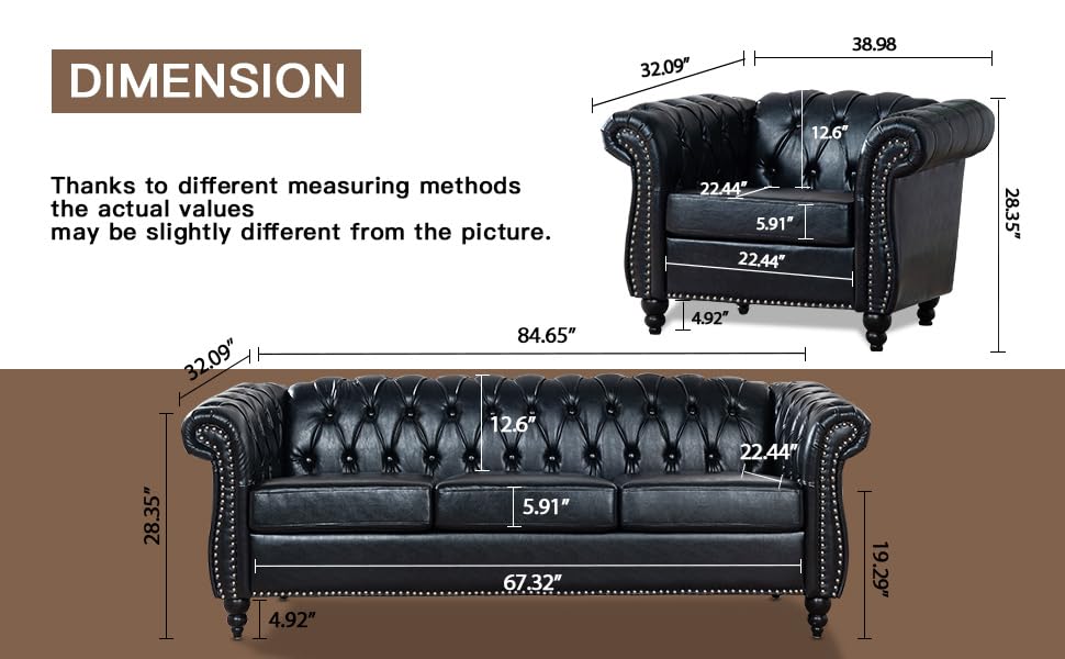 Chesterfield Sofa 2 Piece Set, Modern Black Faux Leather 3 Seater Couches and Sofa Chairs, Upholstered Tufted Button,Scroll Arms and Nailhead Trim, Sectional Sofa Set for Living Room Office Bedroom