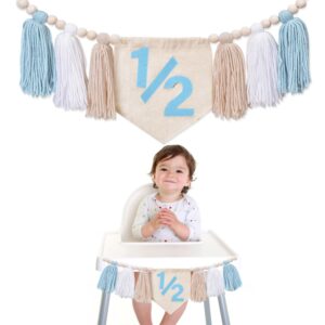 1/2 birthday high chair banner - dokuna boys half birthday party decorations, half way to one party decorations, 1/2 birthday high chair garland (blue)