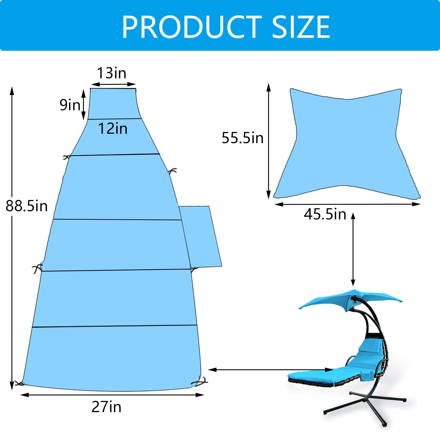 Outdoor Hanging Lounge Chair Replacement Cushion Cover and Umbrella Fabric, Made for Patio Curved Chaise Hammock Floating Swing Chair Pads, Waterproof Soft Fabric (Cushion Not Included, Blue)