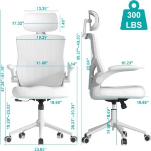 FOKESUN Ergonomic Office Chair, High Back Mesh Desk Chair with Molded Foam Cushion, Adjustable Headrest, Lumbar Support, Lock Function (All White)