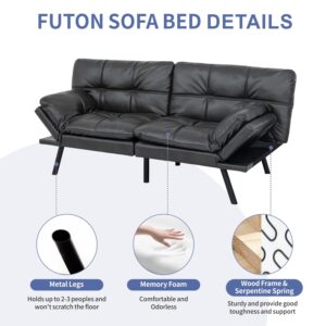 MUUEGM Futon Sofa Bed,Convertible Adjustable Backrest Armrests Memory Foam Couch Bed, Modern Faux Leather Futon Sleeper Couch Loveseat for Living Room,office,Apartment,Small Space,Matte Black