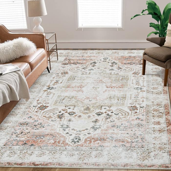 GarveeHome 9x12 Washable Rug Vintage Rug Indoor Floor Cover Print Distressed Medallion Rug Non Slip Soft Rug Foldable Large Accent Rug Lightweight Carpet, Taupe Multi