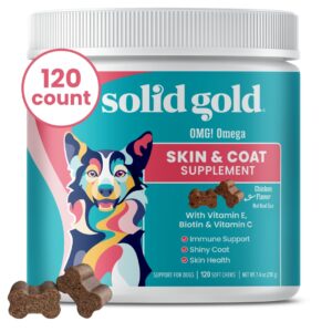 solid gold omg! omega skin & coat fish oil dog supplement - chicken flavored vitamin c, e, & biotin chews for skin health, immune support & itch relief for dogs - 120 ct