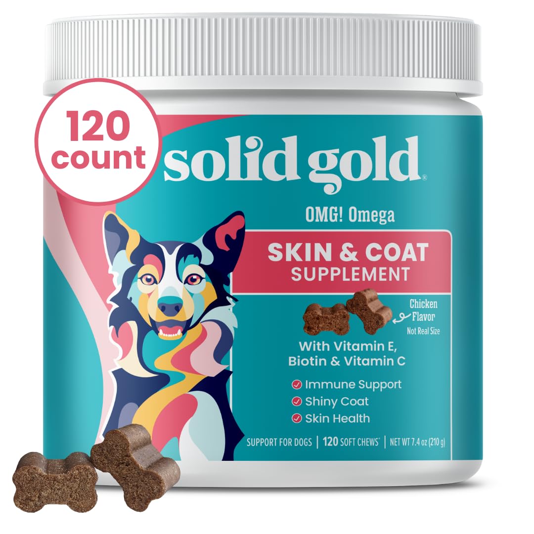 Solid Gold OMG! Omega Skin & Coat Fish Oil Dog Supplement - Chicken Flavored Vitamin C, E, & Biotin Chews for Skin Health, Immune Support & Itch Relief for Dogs - 120 ct