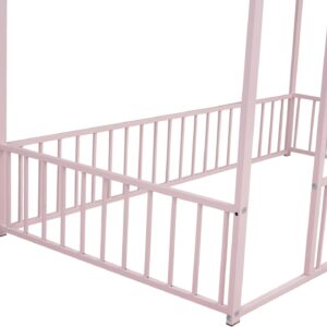 INDSUMOT Twin Size Montessori Floor Bed, Metal House Bed Frame with Fence Rails, Kids Playhouse Beds for Girls Boys Teens, Pink