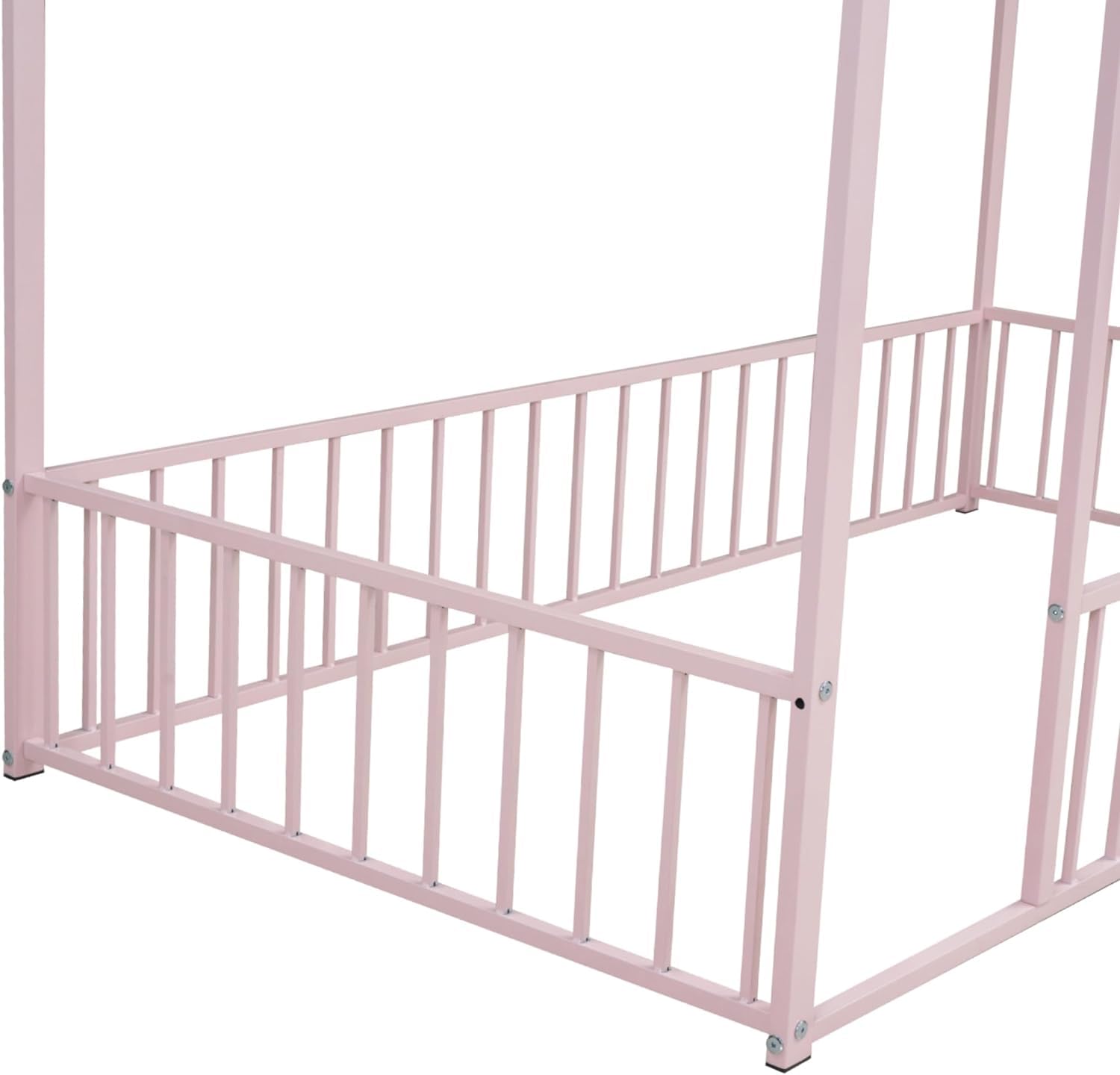 INDSUMOT Twin Size Montessori Floor Bed, Metal House Bed Frame with Fence Rails, Kids Playhouse Beds for Girls Boys Teens, Pink