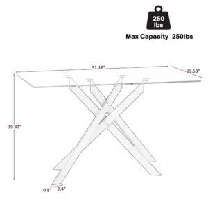 Glass Dining Table for 4 or 6, Rectangle Kitchen Table with X Shape Metal Legs, Tempered Glass Top Dining Room Table for 4, Dining Table for Dining Room Home Kitchen Glass Dintte Table